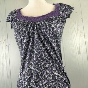 Vintage Whimsigoth Fairy Top Womens M Purple Ditsy Floral Short‎ Sleeve Y2K
